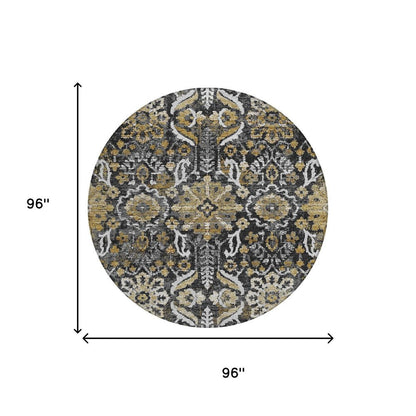 8' Black And Graphite Round Damask Washable Indoor Outdoor Area Rug HomeRoots