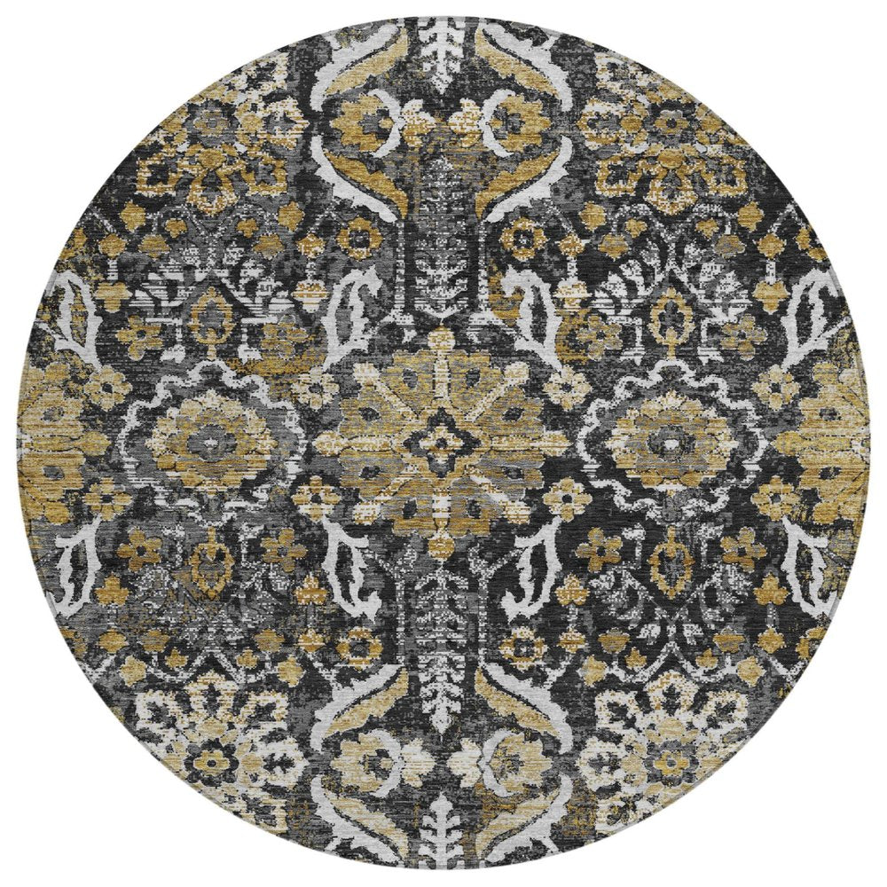 8' Black And Graphite Round Damask Washable Indoor Outdoor Area Rug HomeRoots