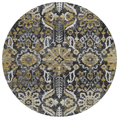 8' Black And Graphite Round Damask Washable Indoor Outdoor Area Rug HomeRoots