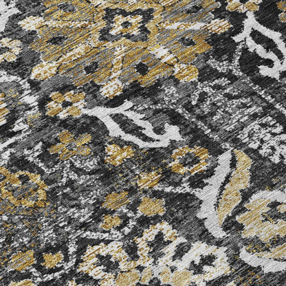 8' Black And Graphite Round Damask Washable Indoor Outdoor Area Rug HomeRoots