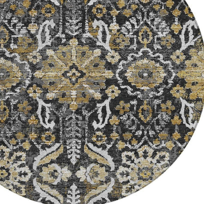 8' Black And Graphite Round Damask Washable Indoor Outdoor Area Rug HomeRoots