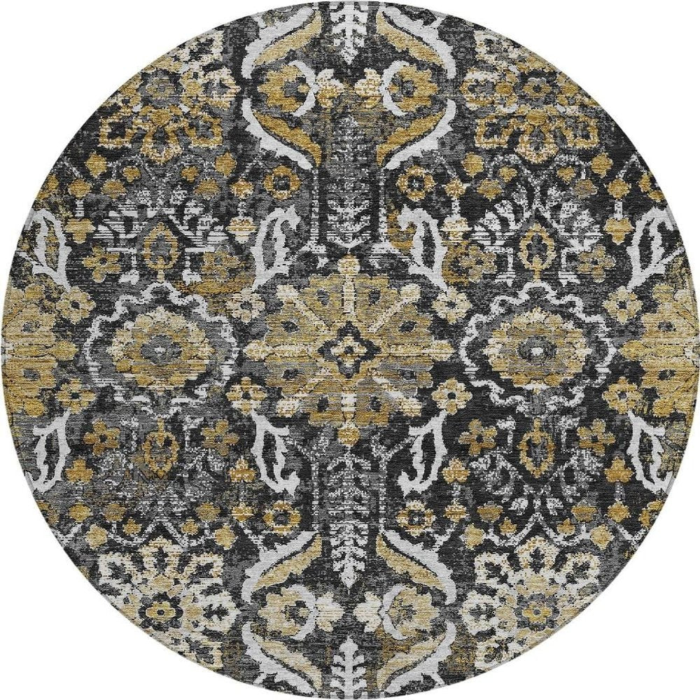 8' Black And Graphite Round Damask Washable Indoor Outdoor Area Rug HomeRoots