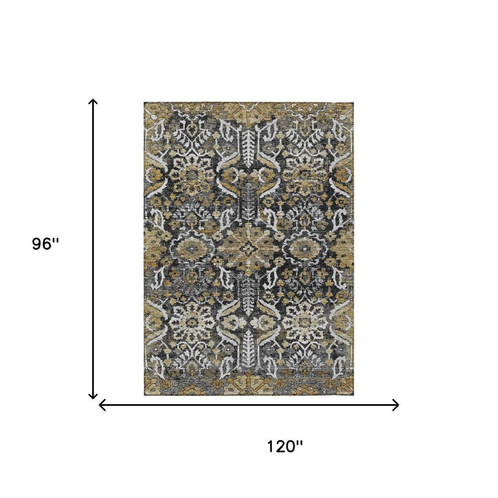 8' X 10' Black And Graphite Damask Washable Indoor Outdoor Area Rug HomeRoots