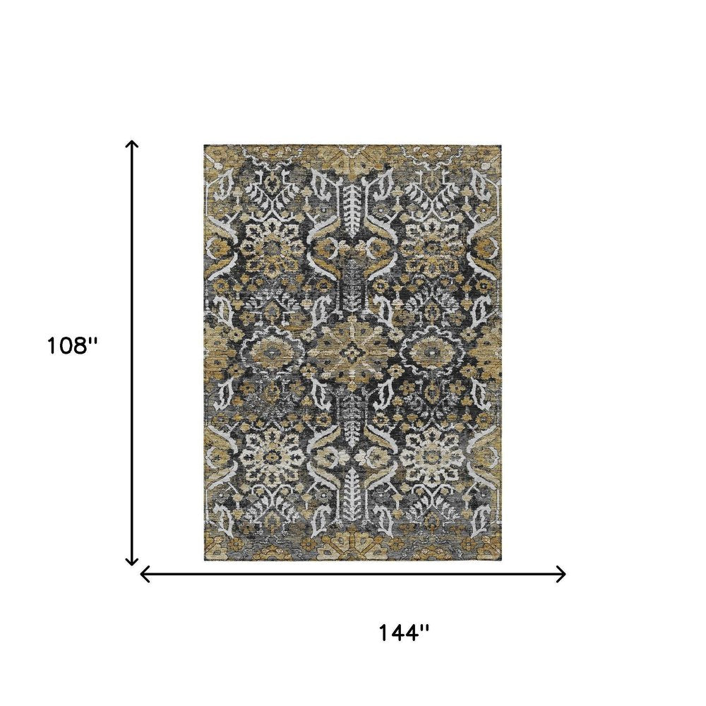 9' X 12' Black And Graphite Damask Washable Indoor Outdoor Area Rug HomeRoots