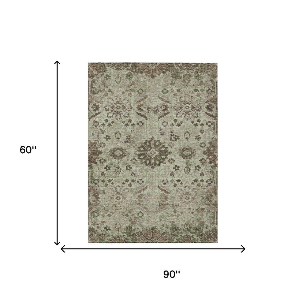 5' X 8' Green And Khaki Damask Washable Indoor Outdoor Area Rug HomeRoots