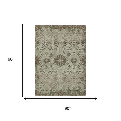 5' X 8' Green And Khaki Damask Washable Indoor Outdoor Area Rug HomeRoots