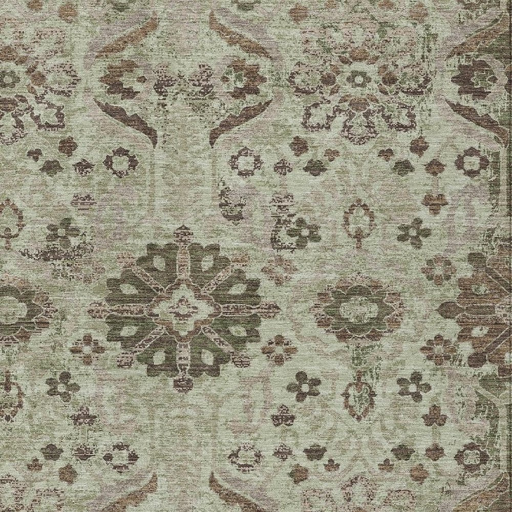 10' X 14' Green And Khaki Damask Washable Indoor Outdoor Area Rug HomeRoots