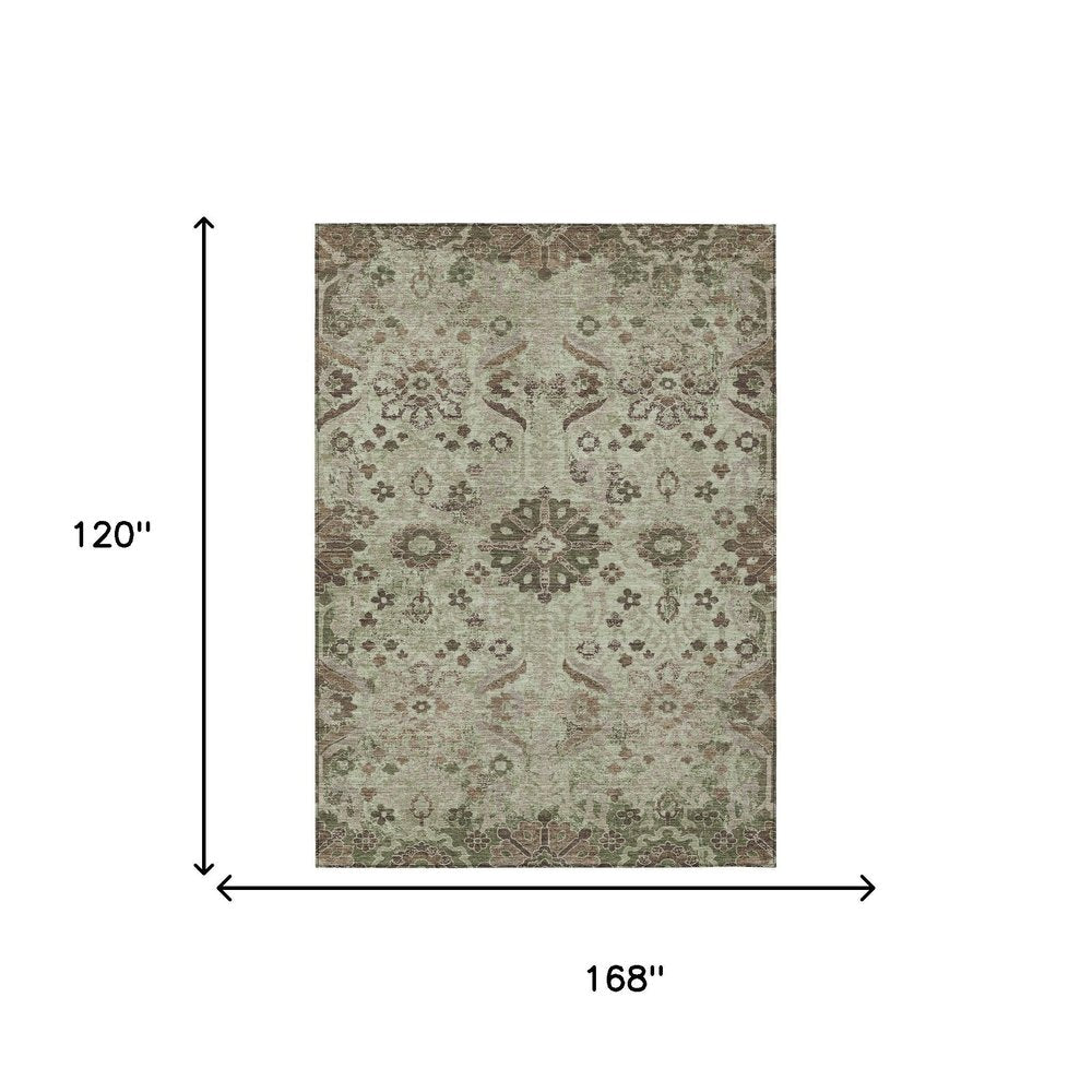 10' X 14' Green And Khaki Damask Washable Indoor Outdoor Area Rug HomeRoots
