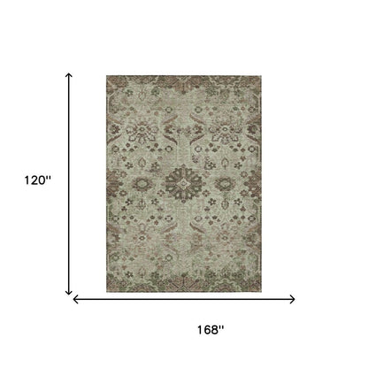 10' X 14' Green And Khaki Damask Washable Indoor Outdoor Area Rug HomeRoots