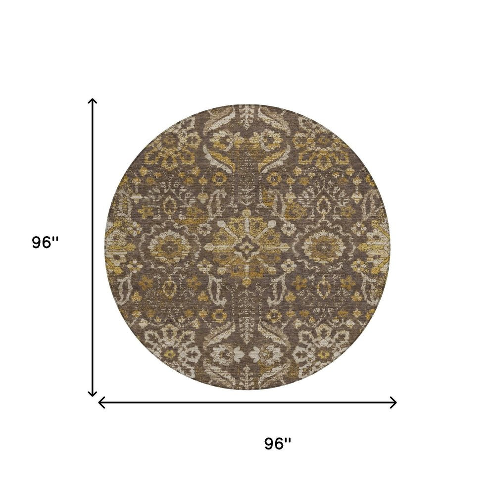 8' Chocolate And Brown Round Damask Washable Indoor Outdoor Area Rug HomeRoots