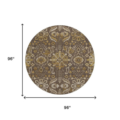 8' Chocolate And Brown Round Damask Washable Indoor Outdoor Area Rug HomeRoots