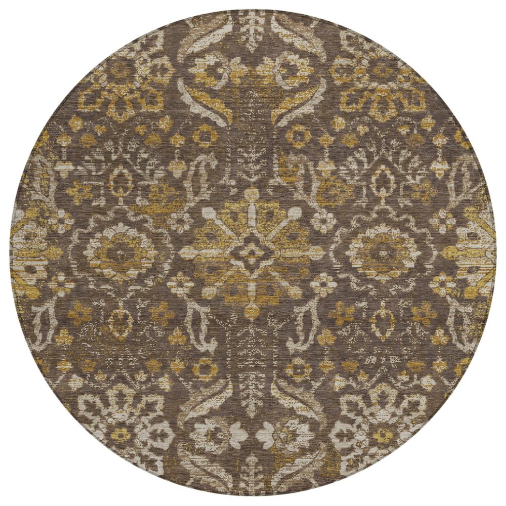 8' Chocolate And Brown Round Damask Washable Indoor Outdoor Area Rug HomeRoots