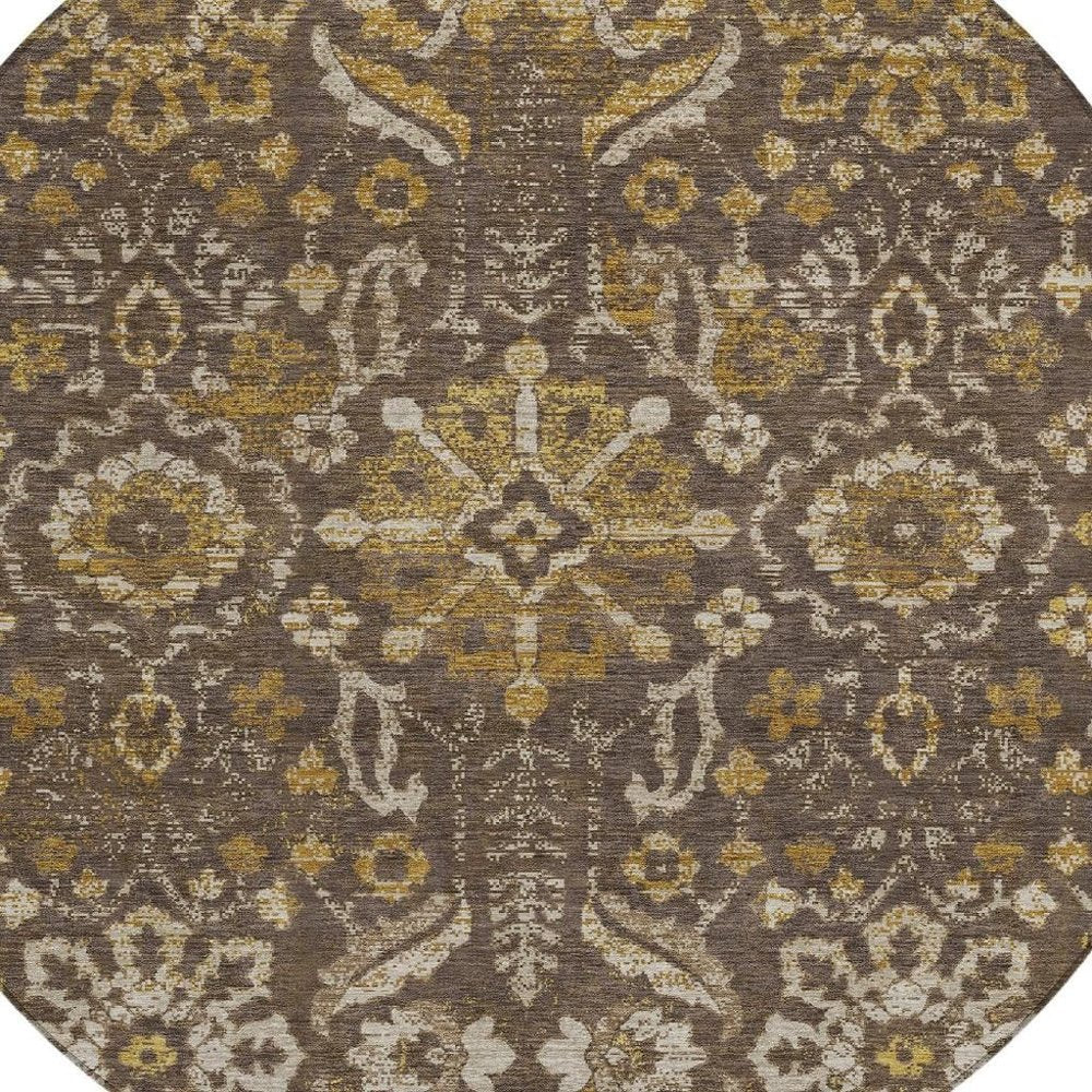 8' Chocolate And Brown Round Damask Washable Indoor Outdoor Area Rug HomeRoots