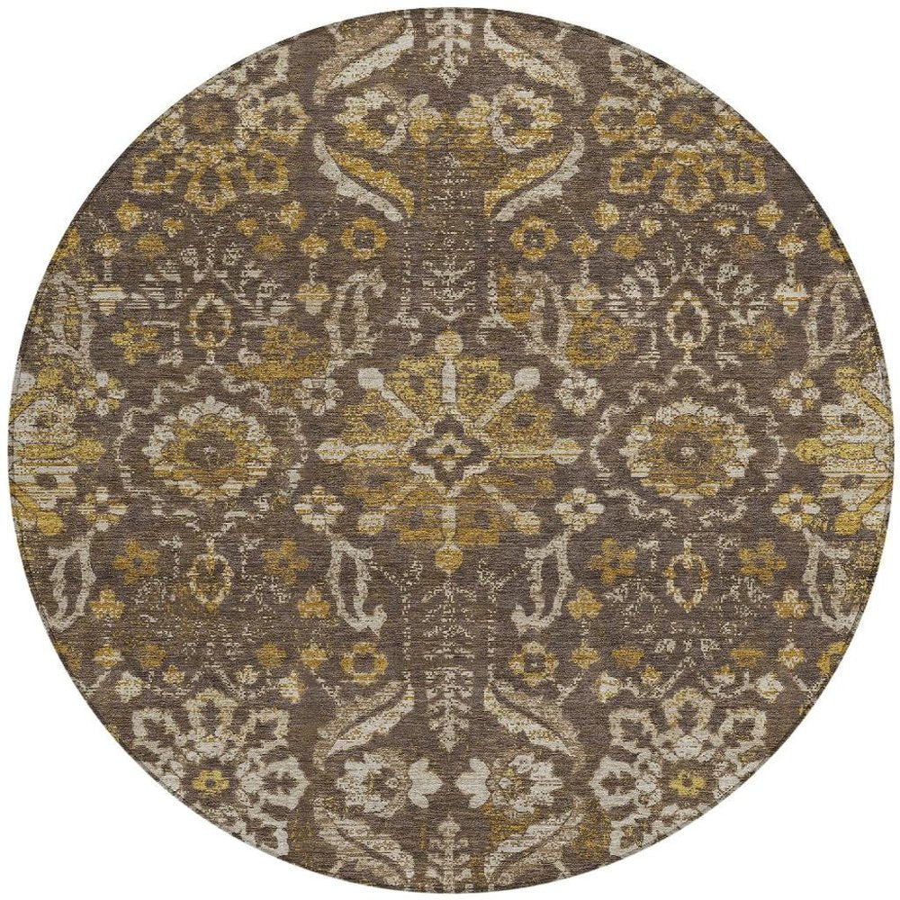 8' Chocolate And Brown Round Damask Washable Indoor Outdoor Area Rug HomeRoots
