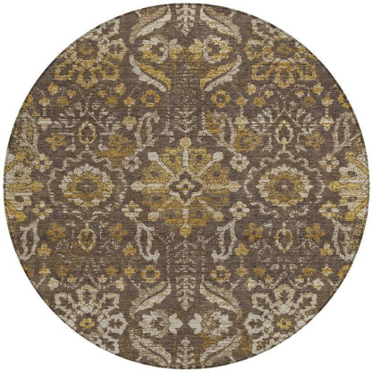 8' Chocolate And Brown Round Damask Washable Indoor Outdoor Area Rug HomeRoots