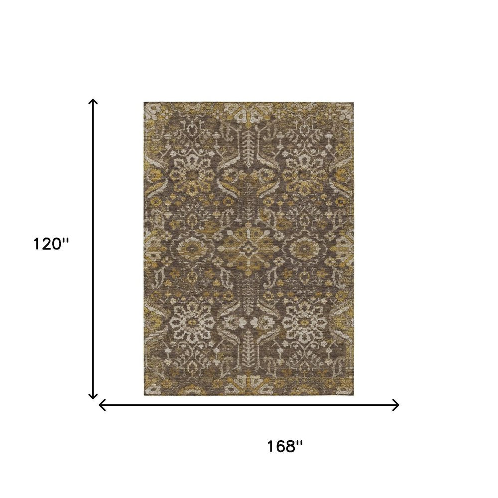 10' X 14' Chocolate And Brown Damask Washable Indoor Outdoor Area Rug HomeRoots