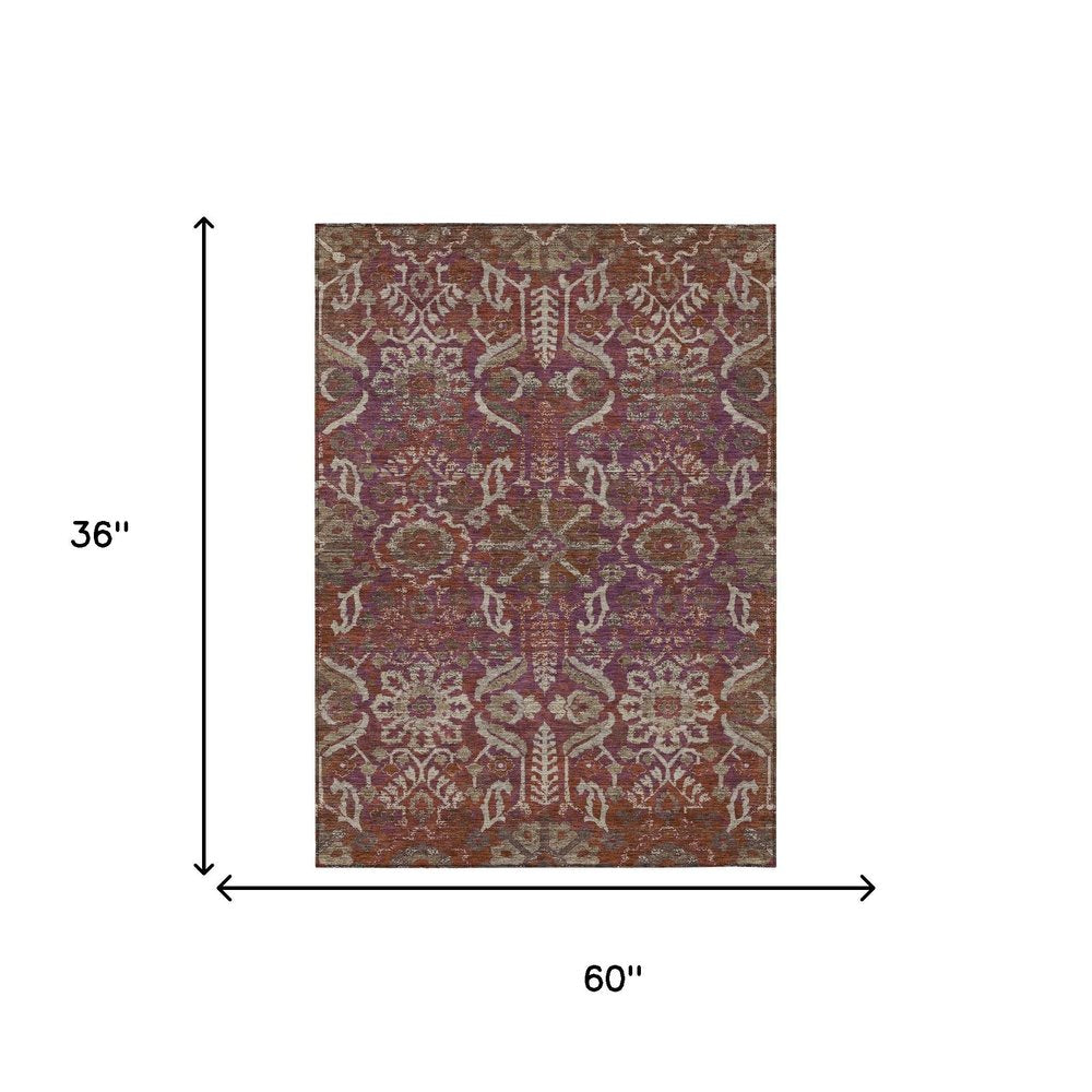 3' X 5' Eggplant And Purple Damask Washable Indoor Outdoor Area Rug HomeRoots