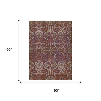 5' X 8' Eggplant And Purple Damask Washable Indoor Outdoor Area Rug HomeRoots