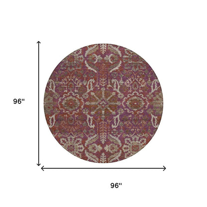 8' Eggplant And Purple Round Damask Washable Indoor Outdoor Area Rug HomeRoots