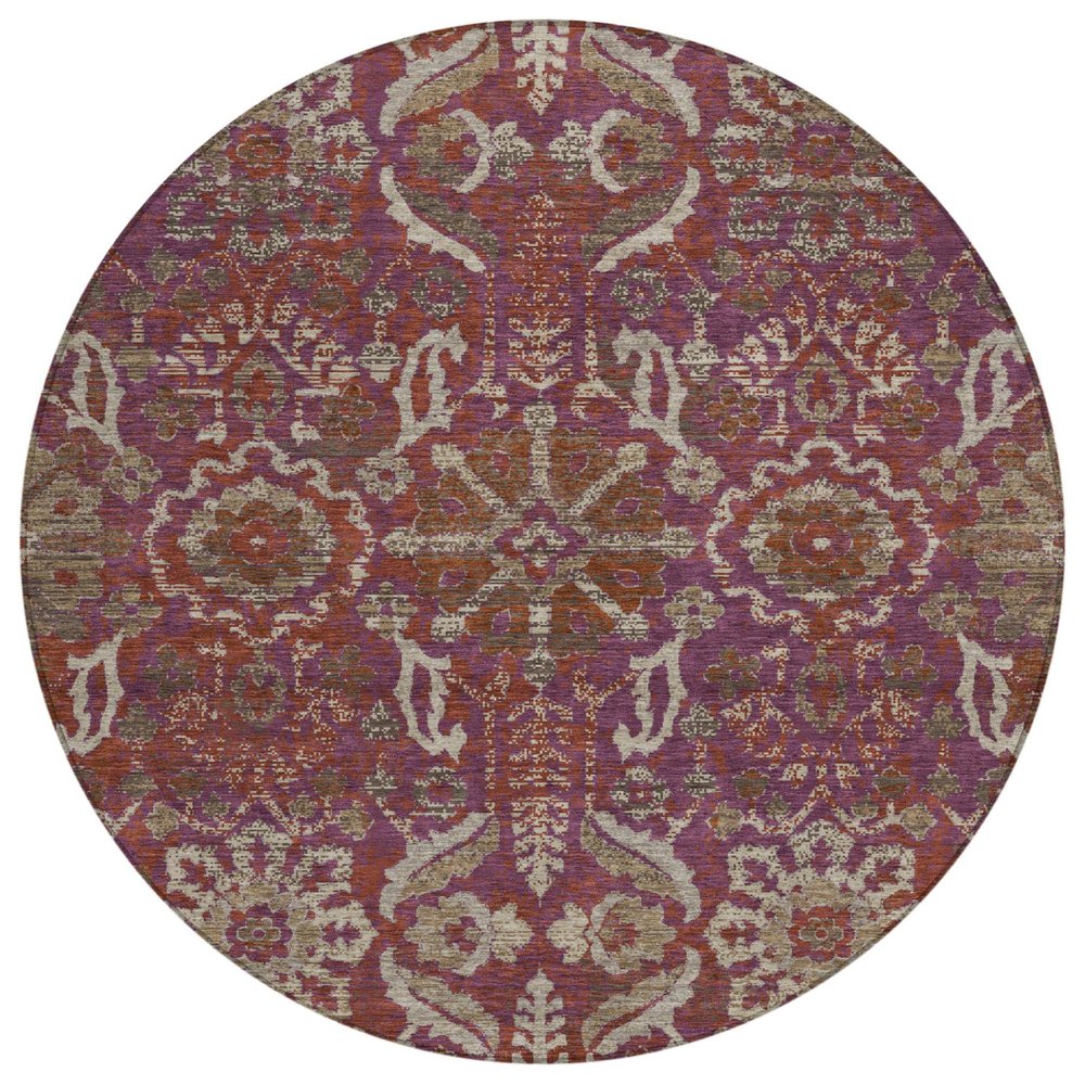 8' Eggplant And Purple Round Damask Washable Indoor Outdoor Area Rug HomeRoots