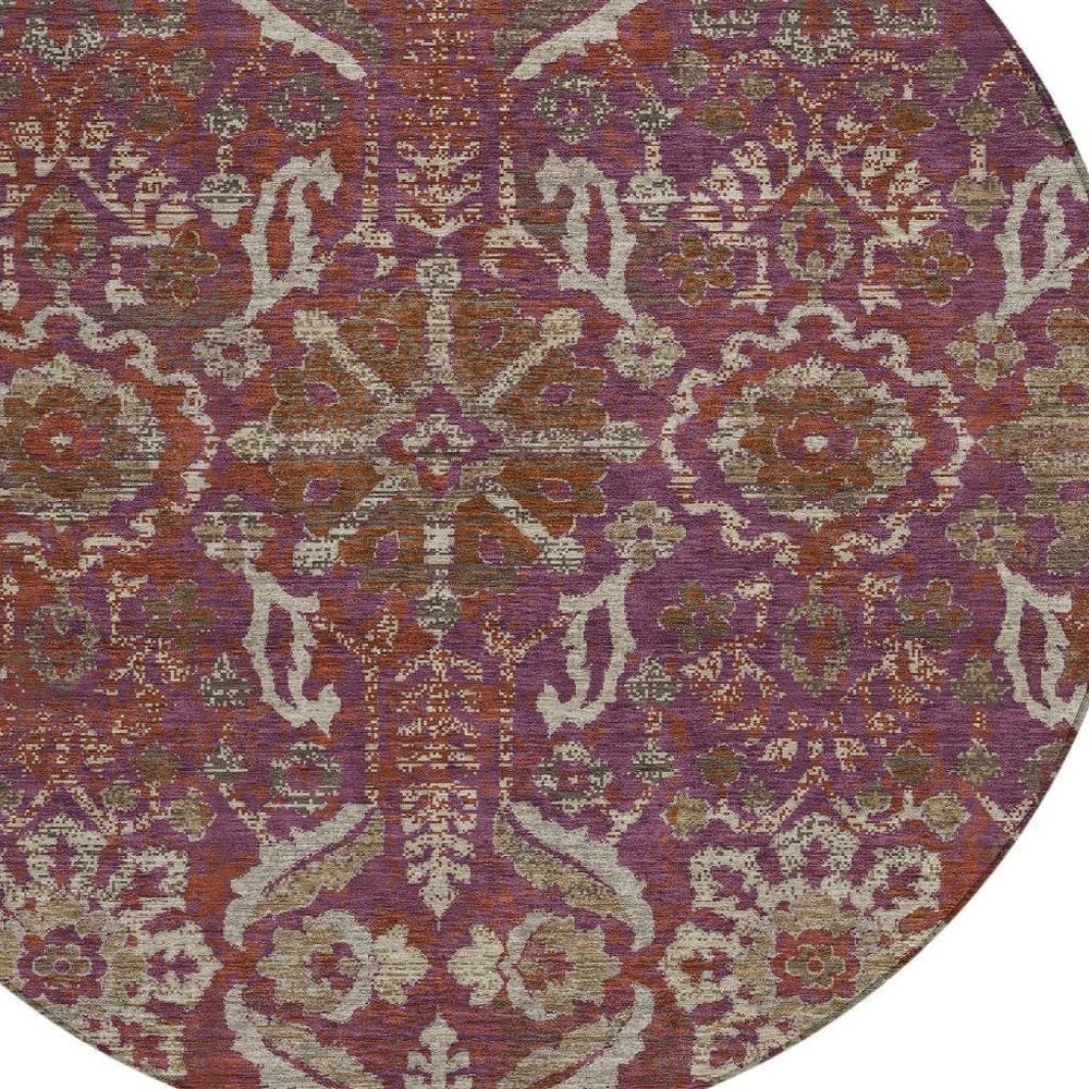 8' Eggplant And Purple Round Damask Washable Indoor Outdoor Area Rug HomeRoots