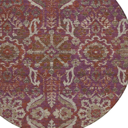 8' Eggplant And Purple Round Damask Washable Indoor Outdoor Area Rug HomeRoots