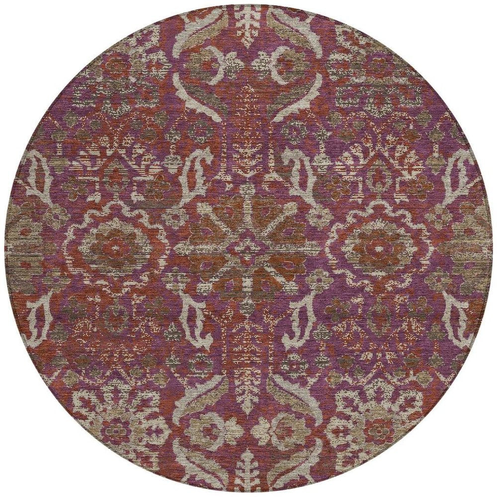 8' Eggplant And Purple Round Damask Washable Indoor Outdoor Area Rug HomeRoots