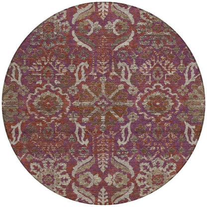 8' Eggplant And Purple Round Damask Washable Indoor Outdoor Area Rug HomeRoots