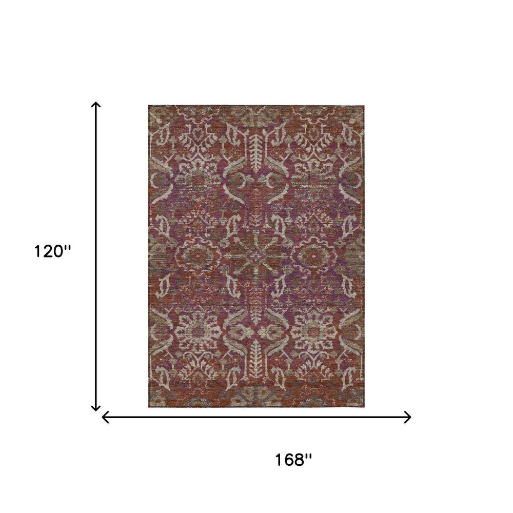 10' X 14' Eggplant And Purple Damask Washable Indoor Outdoor Area Rug HomeRoots