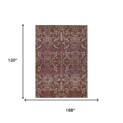 10' X 14' Eggplant And Purple Damask Washable Indoor Outdoor Area Rug HomeRoots