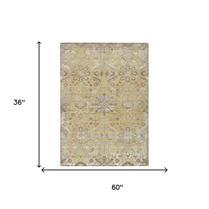 3' X 5' Gold And Wheat Damask Washable Indoor Outdoor Area Rug HomeRoots