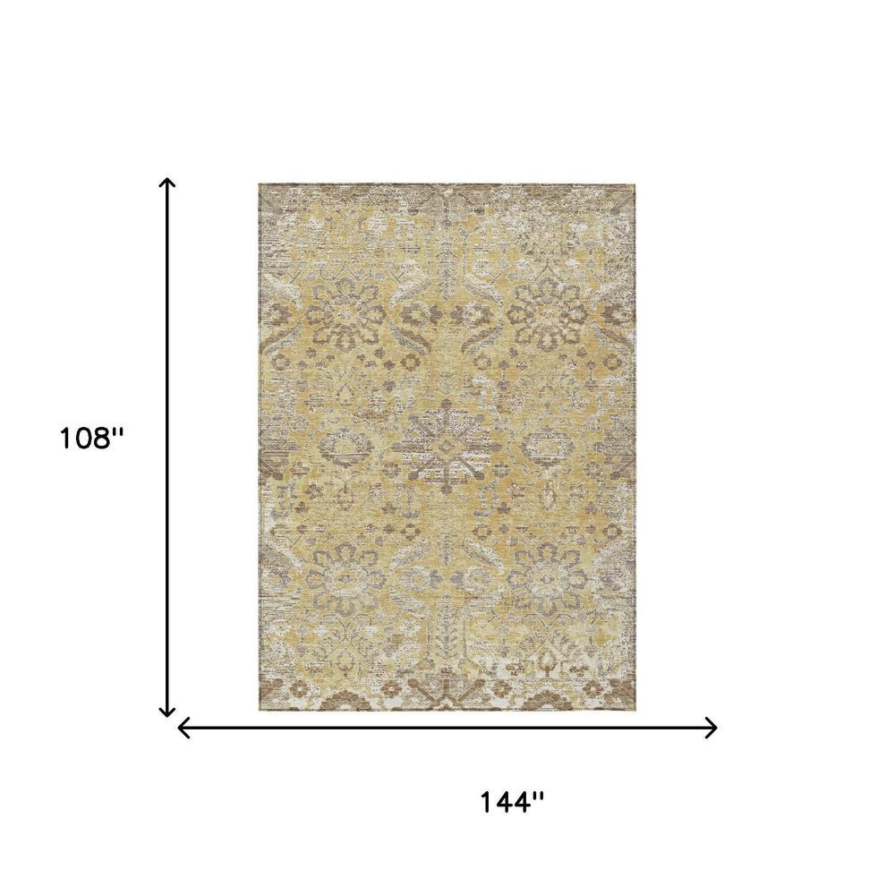 9' X 12' Gold And Wheat Damask Washable Indoor Outdoor Area Rug HomeRoots