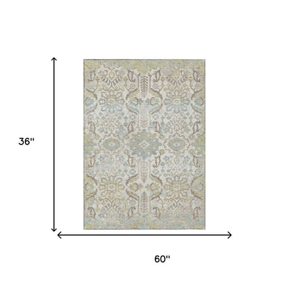 3' X 5' Ivory And Beige Damask Washable Indoor Outdoor Area Rug HomeRoots