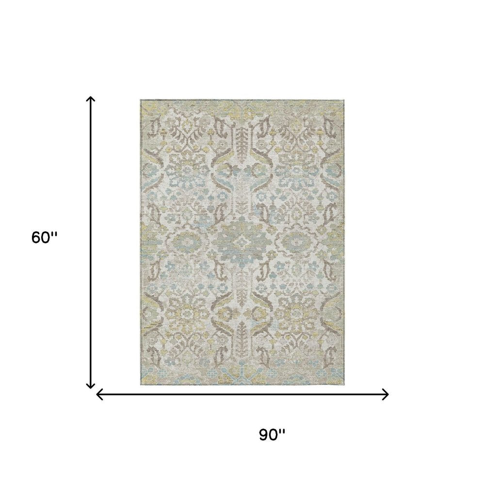 5' X 8' Ivory And Beige Damask Washable Indoor Outdoor Area Rug HomeRoots