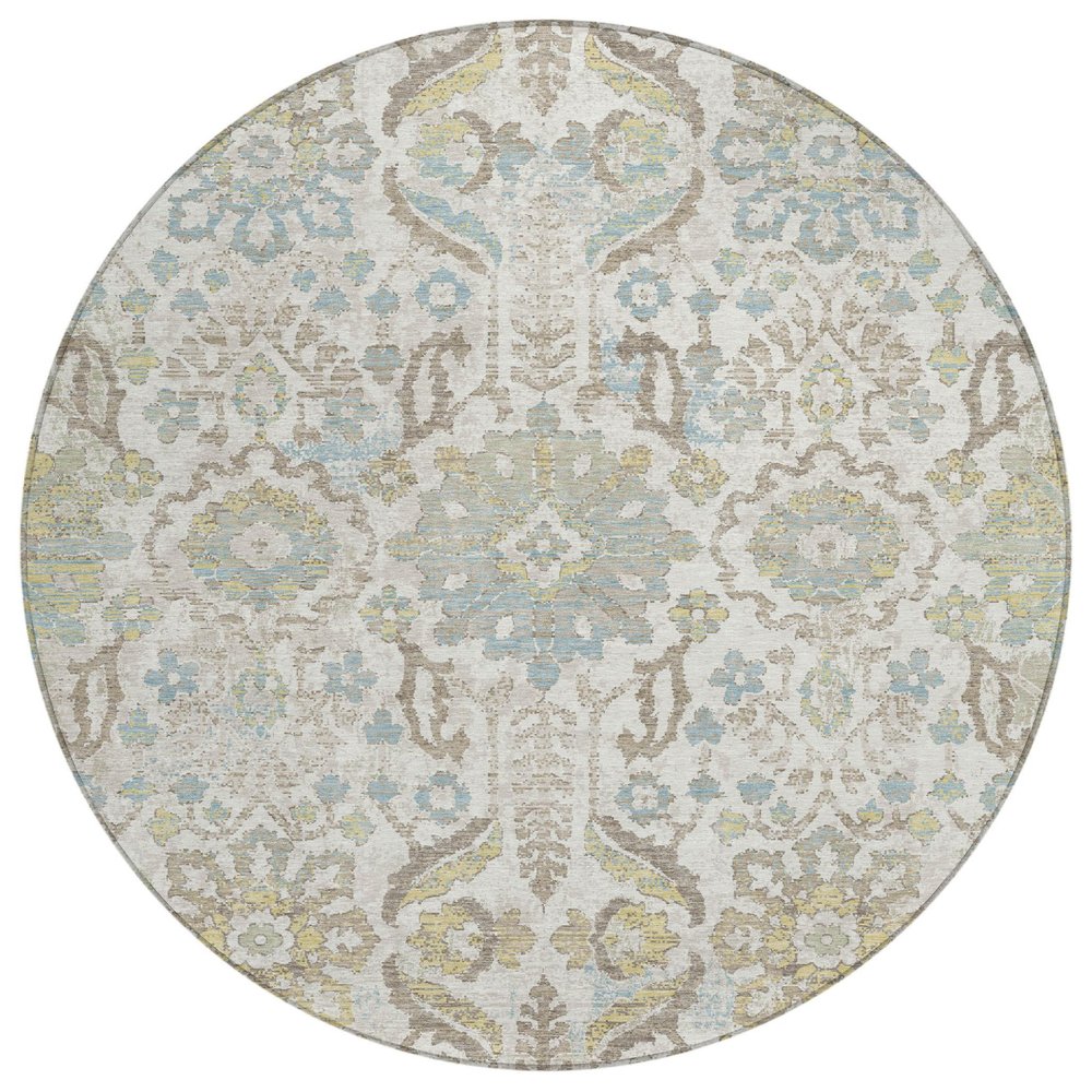 8' Ivory And Beige Round Damask Washable Indoor Outdoor Area Rug HomeRoots