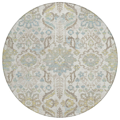 8' Ivory And Beige Round Damask Washable Indoor Outdoor Area Rug HomeRoots