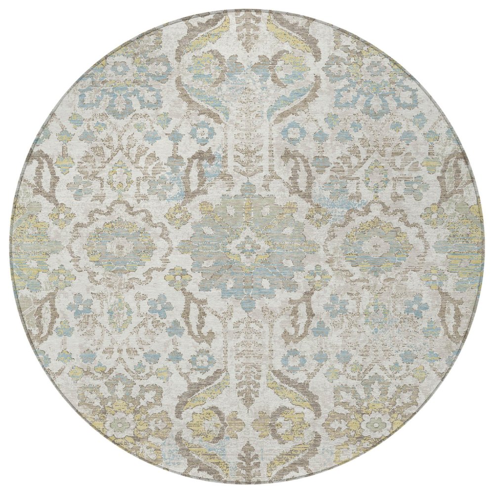 8' Ivory And Beige Round Damask Washable Indoor Outdoor Area Rug HomeRoots
