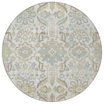 8' Ivory And Beige Round Damask Washable Indoor Outdoor Area Rug HomeRoots