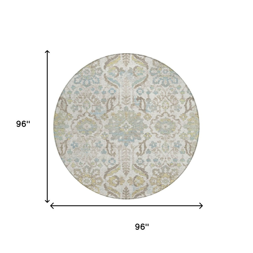 8' Ivory And Beige Round Damask Washable Indoor Outdoor Area Rug HomeRoots