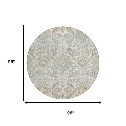 8' Ivory And Beige Round Damask Washable Indoor Outdoor Area Rug HomeRoots