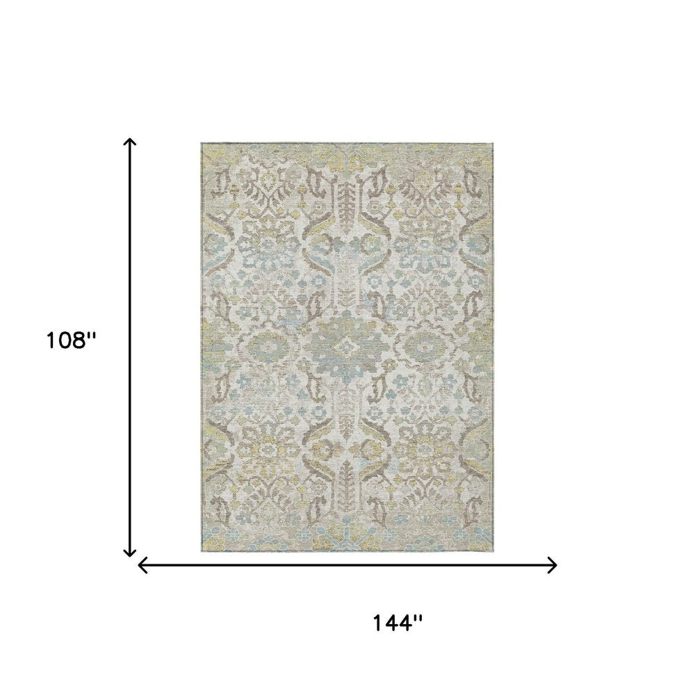 9' X 12' Ivory And Beige Damask Washable Indoor Outdoor Area Rug HomeRoots