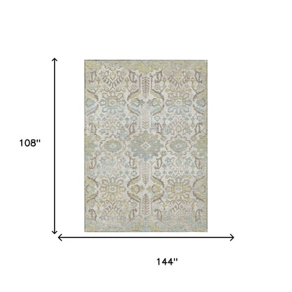 9' X 12' Ivory And Beige Damask Washable Indoor Outdoor Area Rug HomeRoots