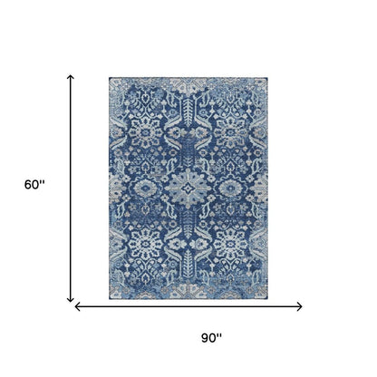 5' X 8' Navy Blue And Blue Damask Washable Indoor Outdoor Area Rug HomeRoots
