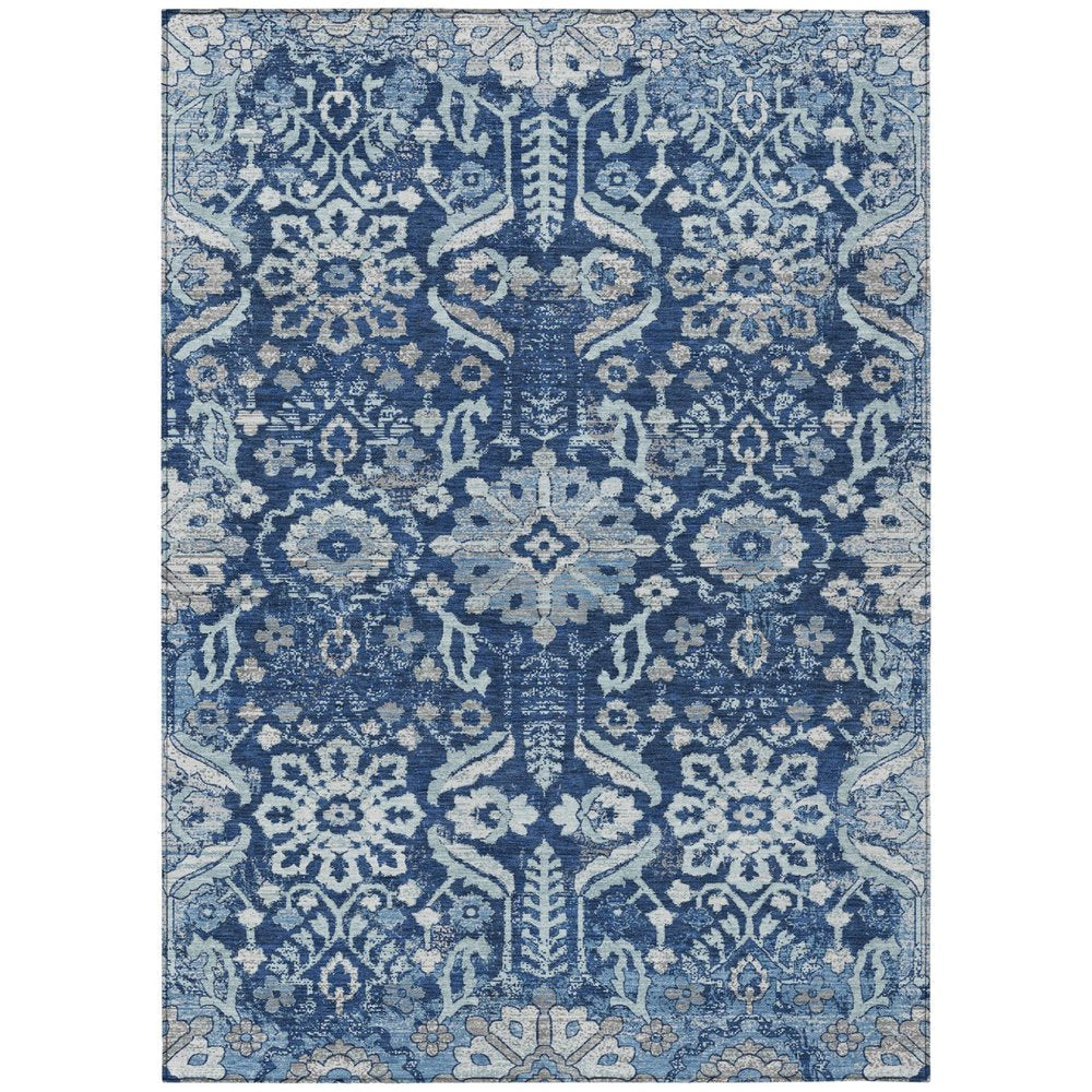 5' X 8' Navy Blue And Blue Damask Washable Indoor Outdoor Area Rug HomeRoots