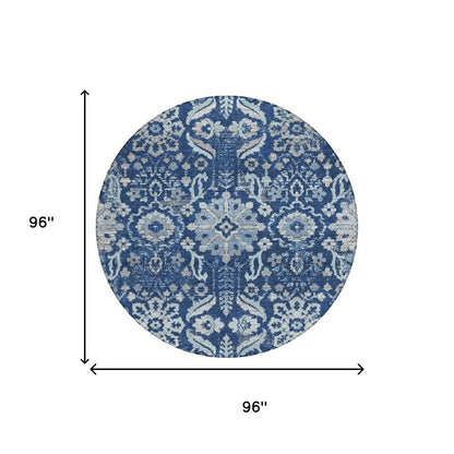 8' Navy Blue And Blue Round Damask Washable Indoor Outdoor Area Rug HomeRoots
