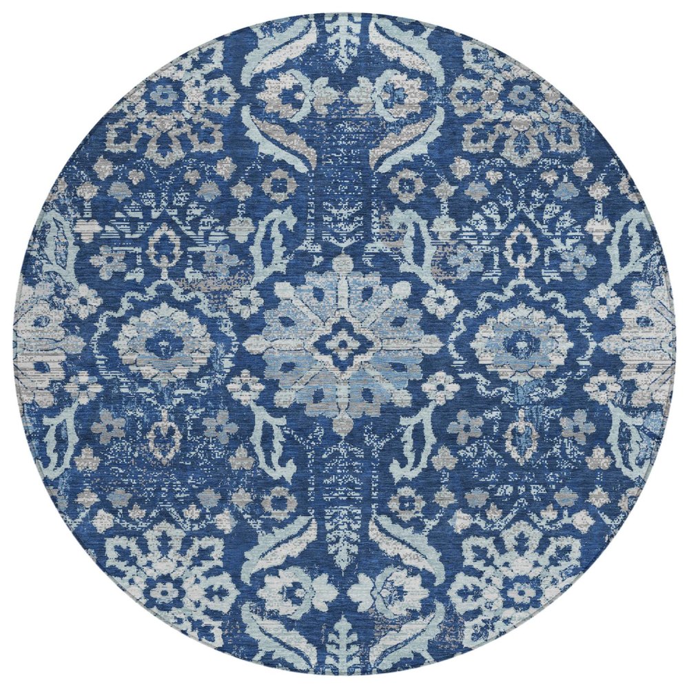 8' Navy Blue And Blue Round Damask Washable Indoor Outdoor Area Rug HomeRoots