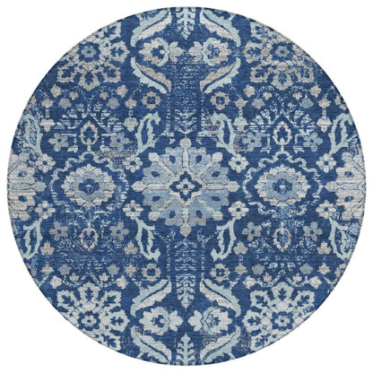 8' Navy Blue And Blue Round Damask Washable Indoor Outdoor Area Rug HomeRoots