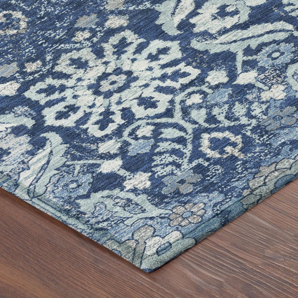 8' Navy Blue And Blue Round Damask Washable Indoor Outdoor Area Rug HomeRoots