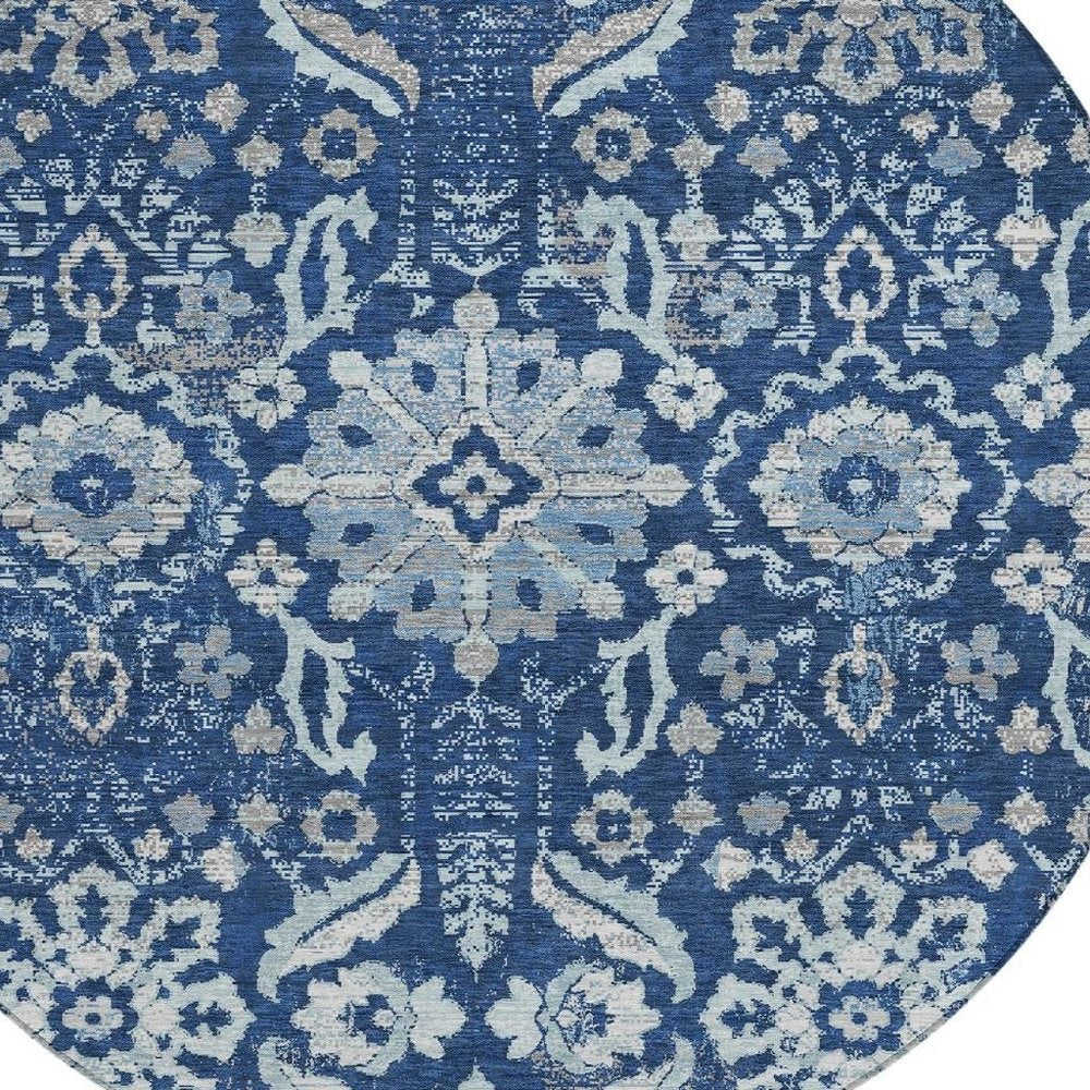 8' Navy Blue And Blue Round Damask Washable Indoor Outdoor Area Rug HomeRoots