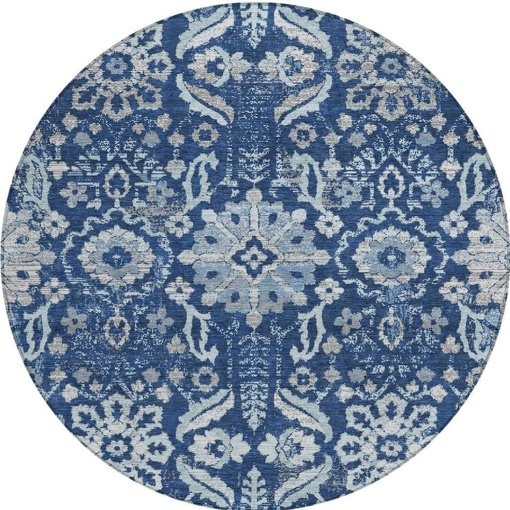 8' Navy Blue And Blue Round Damask Washable Indoor Outdoor Area Rug HomeRoots